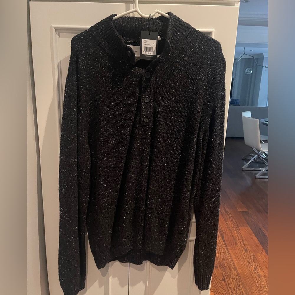 Billy Reid men’s Black speckled tweed button pullover Sweater size large NWT